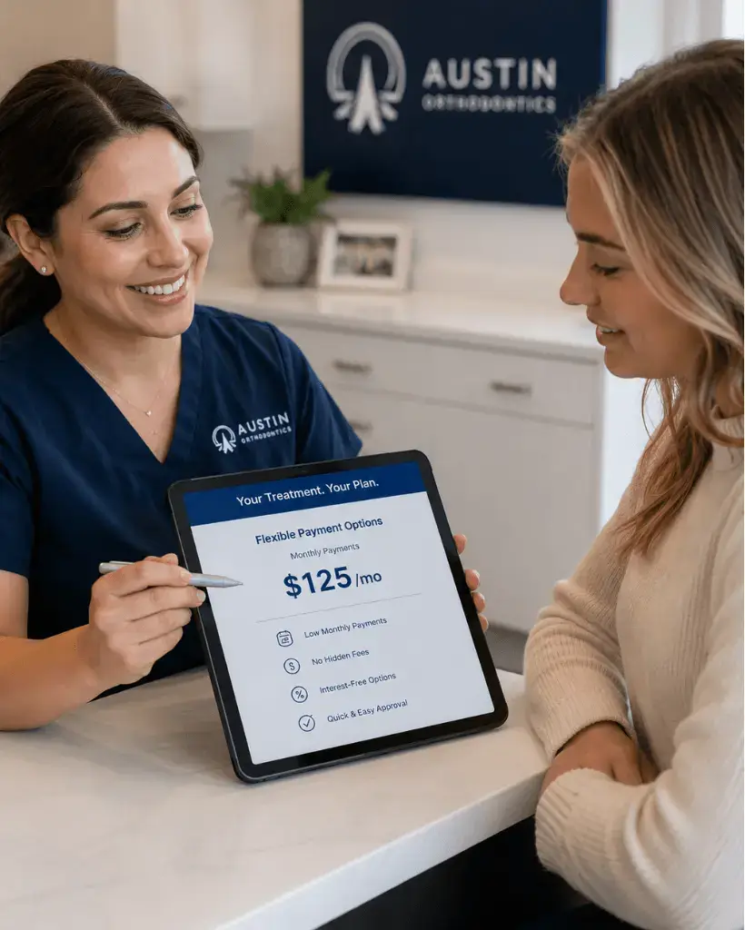Orthodontic consultation explaining Invisalign monthly payment plans in Austin
