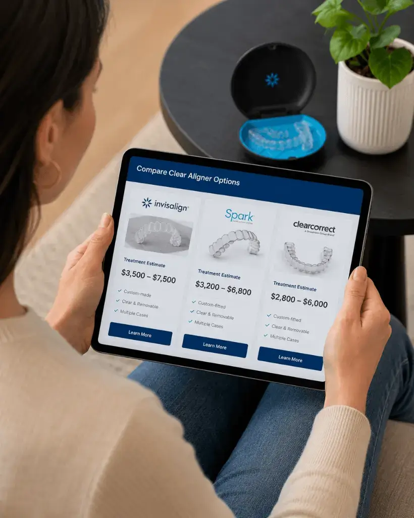 Patient comparing clear aligners cost and treatment options on a tablet in Austin