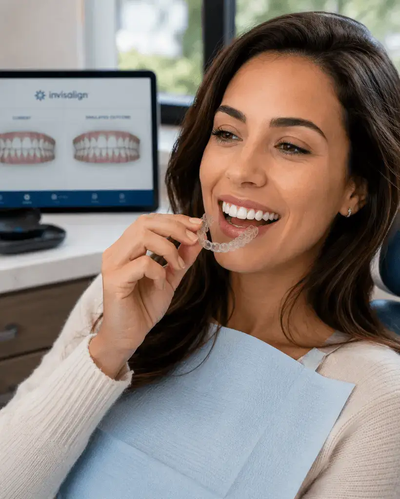 Woman holding Invisalign aligners during orthodontic consultation in Austin
